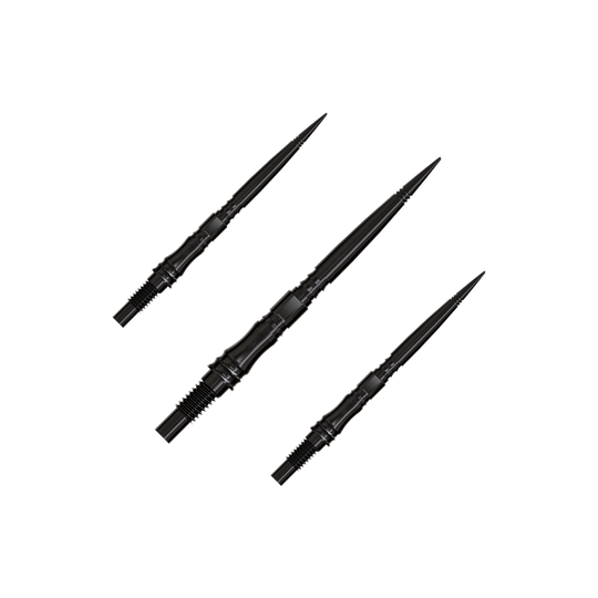 Harrows Quick Point Apex Axis Elite Series Dartspitzen - Schwarz Apex Axis Black Elite Series Dartspitzen in 30mm werden gezeigt. Sie sind schwarz und technisch ausgeführt.