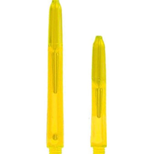 glow1520368021563e Das Bild zeigt zwei gelbe Glowlite Shafts in unterschiedlicher Länge. Sie bestehen aus transparentem Kunststoff und haben ein Schraubgewinde am unteren Ende.
