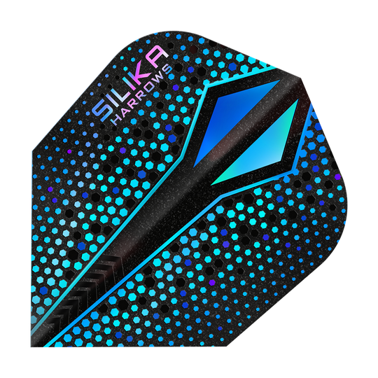 Harrows Silika Colorshift Tough Crystalline Coating Blue-X No6 Flights Das Bild zeigt ein Dart-Flight mit dem Namen "Harrows Silika Colourshift Tough Crystalline Coating Blue-X No6". Das Flight hat ein modernes Design mit blauen und schwarzen hexagonalen Mustern und einer glänzenden Oberfläche.