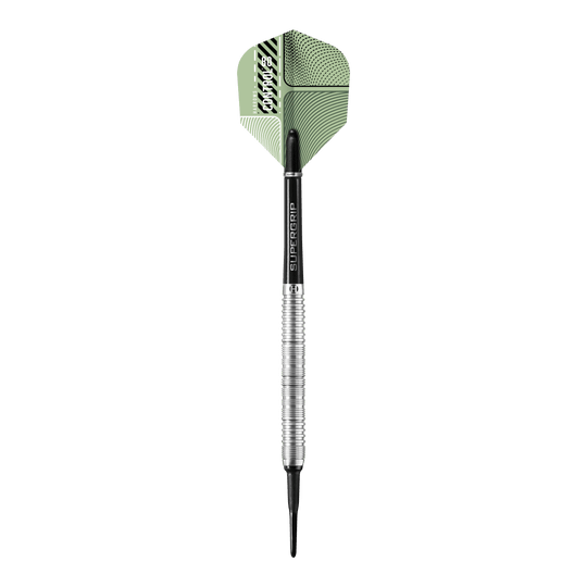 Harrows Control Parallel Softdarts Das Bild zeigt einen Harrows Control Parallel Softdart mit einem silbernen und schwarzen Schaft. Die Dartflügel sind grün gemustert und tragen das Markenlogo.