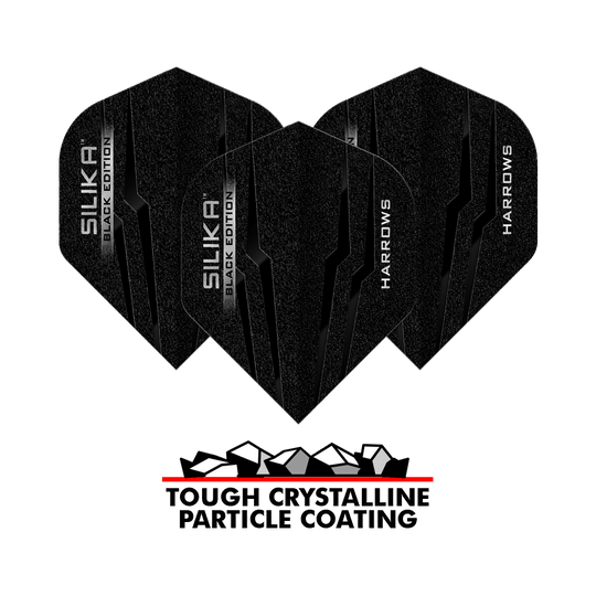 Harrows Silika Black Edition No2 Standard Flights Das Bild zeigt drei schwarze Harrows Silika Black-Edition No2 Standard Flights. Unten steht der Schriftzug „Tough Crystalline Particle Coating“ mit einer Grafik von Kristallen.