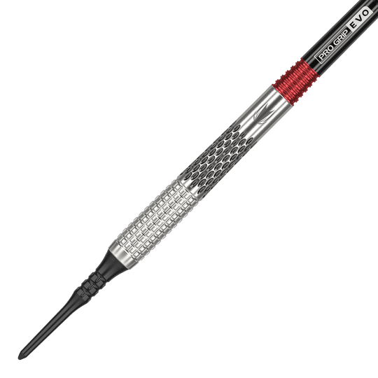 Target Stephen Bunting GEN5 Soft Darts - 18g Das Bild zeigt einen Target Stephen Bunting GEN5 Softdart mit einem Gewicht von 18g. Der Dart hat ein silbernes Griffstück mit schwarzen und roten Akzenten.