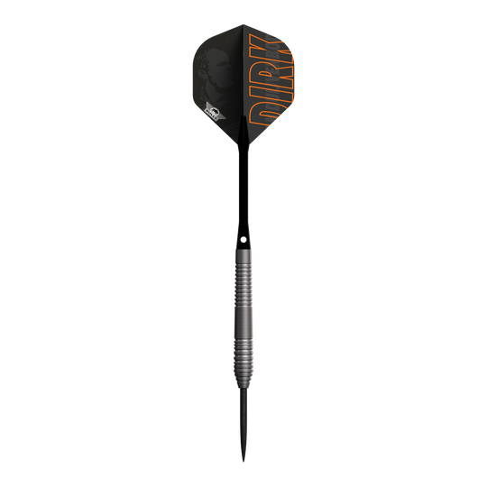Dies ist ein Steeldart der Marke Bulls NL, Modell Dirk Van Duijvenbode 80. Der Dart hat einen schwarzen Flight mit dem Namen "DIRK" in orangefarbener Schrift.
