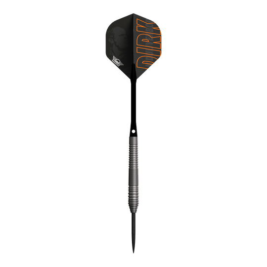 Bulls NL Dirk Van Duijvenbode 80 steel darts Dies ist ein Steeldart der Marke Bulls NL, Modell Dirk Van Duijvenbode 80. Der Dart hat einen schwarzen Flight mit dem Namen "DIRK" in orangefarbener Schrift.