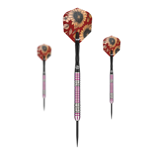 Das Bild zeigt drei Steeldarts der Marke Shot Pro Series Barora Hospodarska mit einem Gewicht von 23g. Die Flights haben ein auffälliges Sonnenblumenmuster auf rotem Hintergrund.