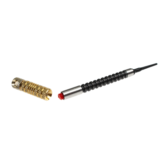 McDart Shaftrestentferner Das Bild zeigt das Produkt "McDart Shaftrestentferner". Es besteht aus zwei Teilen: einem goldfarbenen Metallteil und einem schwarzen Werkzeug mit Spiralmuster.