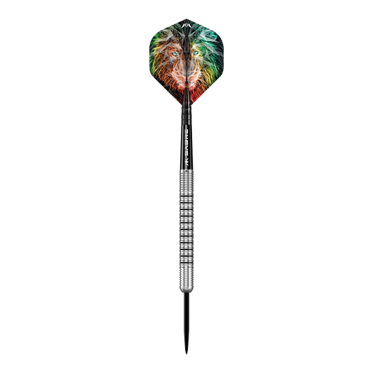 Mission Dominik Grüllich Steeldarts Der abgebildete Dartpfeil ist der "Mission Dominik Grüllich Steeldart" mit einem Gewicht von 23,5g. Auf dem Dartflügel ist ein farbenfroher Löwenkopf zu sehen.