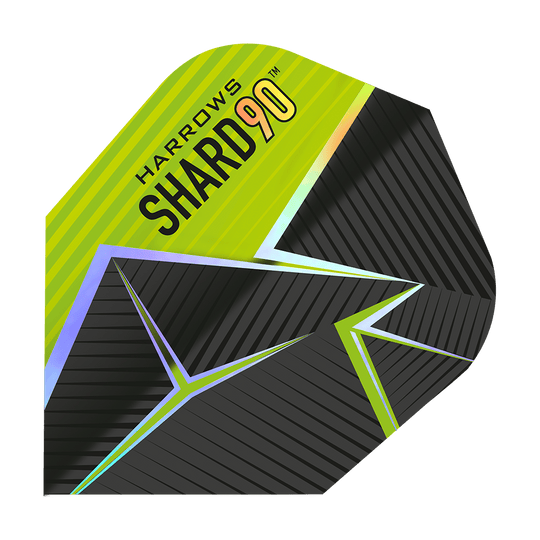 Harrows Prime Shard No6 Flights Das Bild zeigt ein Dart-Flight mit dem Namen „Harrows Prime Shard No6“. Das Design ist schwarz und gelb mit geometrischen Linien und dem Aufdruck „SHARD 90“.