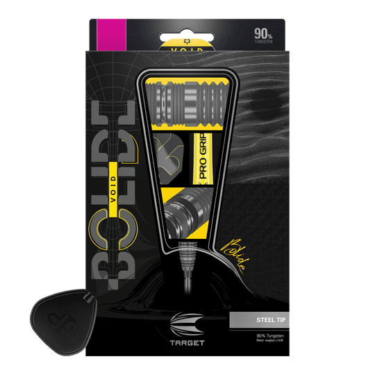 Target Bolide Void 04 Swiss Point steel darts Das Bild zeigt die Verpackung der "Target Bolide Void 04 Swiss Point Steeldarts". Die Darts bestehen zu 90 % aus Tungsten und haben eine Stahlspitze.