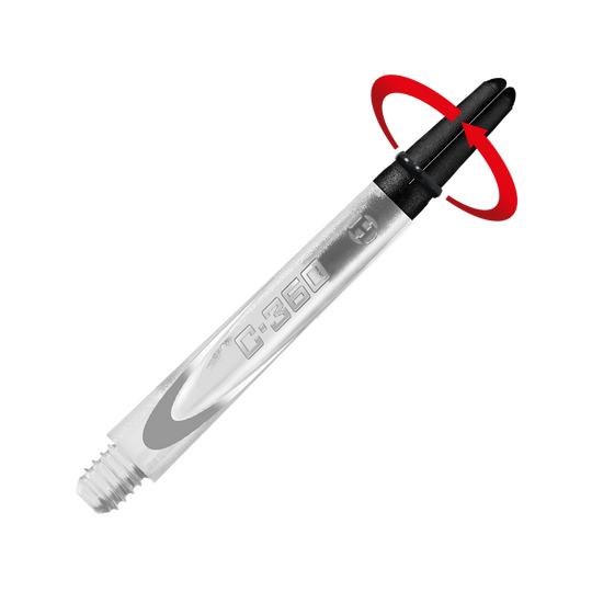 HR448_Harrows_Carbon_360_Shafts_Clear_49mm_2_Symbol Das Bild zeigt einen transparenten Dart-Schaft mit der Aufschrift "C-360". Der obere Teil des Schafts ist schwarz und hebt sich vor einem roten Hintergrund ab.