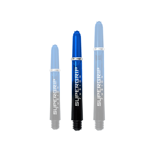 HR337_Harrows_Supergrip_Fusion_Shafts_Blau_40mm_1oh9euFVuoXLmQ Das Bild zeigt drei blaue Harrows Supergrip Fusion Shafts in verschiedenen Längen. Die Shafts bestehen aus einem blauen und schwarzen Farbverlauf mit weißer Aufschrift.