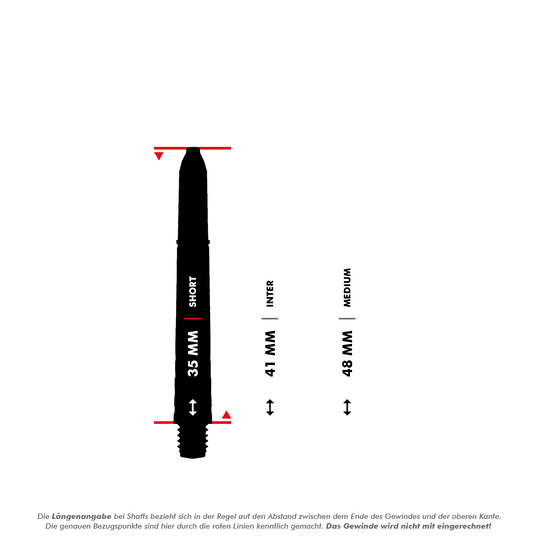 7020_Winmau_Prism_Force_Shafts_5_35mmoBxspr1z3ZHxZ Das Bild zeigt verschiedene Längenangaben für Dart-Shafts, darunter 35 mm (Short), 41 mm (Inter) und 48 mm (Medium). Die Messung erfolgt vom Ende des Gewindes bis zur oberen Kante, das Gewinde wird dabei nicht mitgerechnet.
