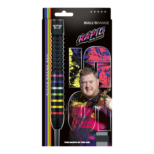Das Foto zeigt die Bulls NL Ricky Evans Rapid 95 Steeldarts in der 23g-Ausführung. Die Darts werden aus einer anderen Perspektive dargestellt.