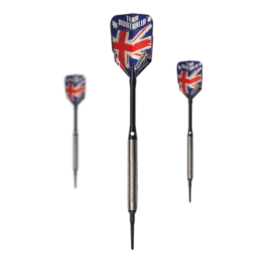 McDart 85 Tungsten V8 Soft Darts - 18.5g Auf dem Bild sind drei Softdarts des Modells "McDart 85er Tungsten V8" mit einem Gewicht von 18,5g zu sehen. Die Flights zeigen das Design der australischen Flagge mit der Aufschrift "Team Australia".