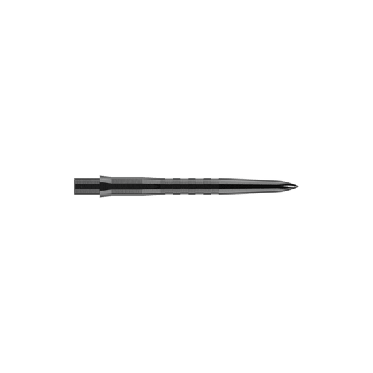 Mission Caliburn EVO Dart Tips - Grooved - Black Das Bild zeigt eine schwarze, gerillte Steeldartspitze. Sie ist schmal, lang und hat eine spitze Vorderseite.