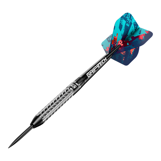 GOAT Traction Tungsten Steel Darts Das Bild zeigt einen GOAT Traction Tungsten Steeldart mit einer strukturierten Griffoberfläche und einer farbenfrohen Flight. Der Schaft trägt die Aufschrift "GRIPTECH" und die Spitze ist aus Stahl.