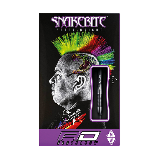 RD1383-RedDragon-Peter-Wright-Snakebite-3-Black-Player-Darts-3 Die Verpackung zeigt die "Red Dragon Peter Wright Snakebite 3 Black Steeldarts". Auf der Vorderseite ist ein Porträt mit buntem Irokesenschnitt und Schlangentattoo abgebildet.