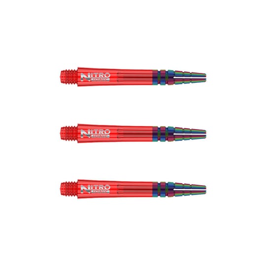 Das Bild zeigt drei rote RedDragon Nitrotech Ionic Shafts, die parallel zueinander liegen. Die Dartschäfte haben ein glänzendes Design mit silbernem Schriftzug und farbigen Akzenten am Ende.