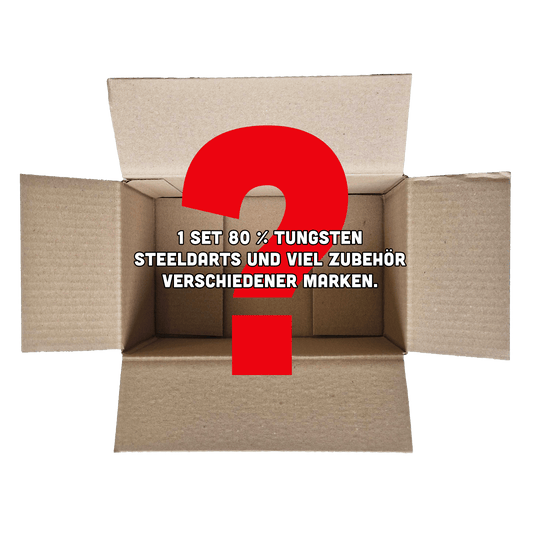 McDart Mystery Box - Steeldarts Das Bild zeigt einen offenen, leeren Karton mit einem großen roten Fragezeichen darauf. Auf dem Karton steht der Text: "1 Set 80 % Tungsten Steeldarts und viel Zubehör verschiedener Marken."