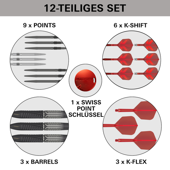 Target Shift Swiss Point Steel Darts Abgebildet werden Target Shift Swiss Point Steeldarts. Die Anordnung verdeutlicht die Flight- und Schaftdetails.