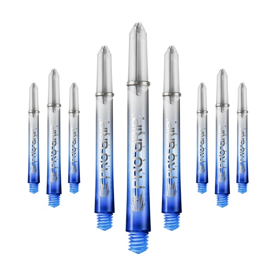 Target Pro Grip Vision Shafts - 3 Sets - Blue Das Bild zeigt neun transparente Dartschäfte mit blauem unteren Ende. Auf den Schäften steht "Pro Grip" geschrieben.