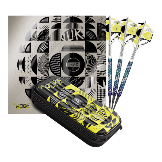 Target Luke Littler Edge Soft Darts - 19g Auf dem Bild befindet sich das Set der Target Luke Littler Edge Softdarts - 19g. Die Darts sind komplett und gut sichtbar angeordnet.