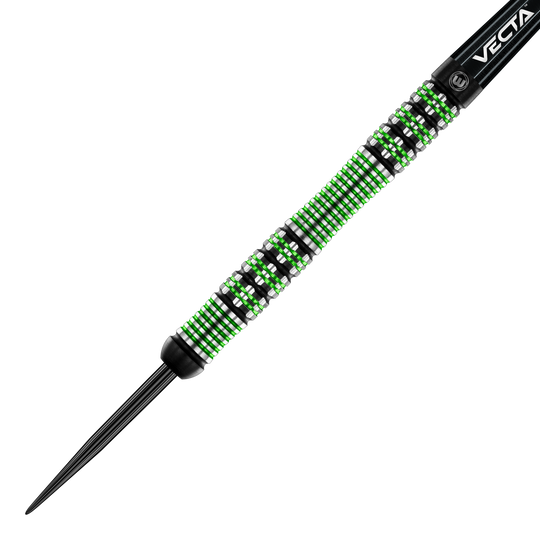 Winmau Brendan Dolan steel darts Das Bild zeigt einen Winmau Brendan Dolan Steeldart. Der Dartpfeil hat ein auffälliges Design mit grünen und silbernen Ringen am Barrel.
