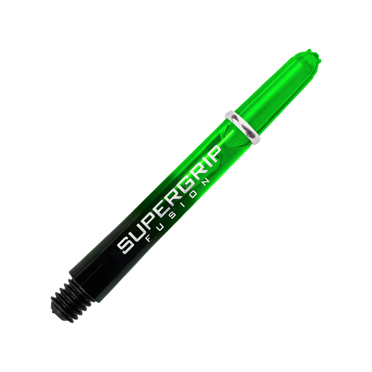 Das Bild zeigt einen grünen Harrows Supergrip Fusion Dart-Schaft. Im Hintergrund verlaufen grüne und graue Linien.
