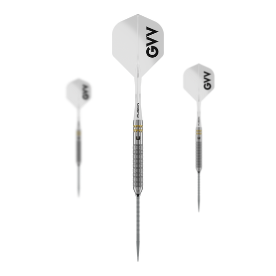 Winmau Gian Van Veen W-MAX Switch Point steel darts Auf dem Bild ist ein Set der Winmau Gian Van Veen W-MAX Switch Point Steeldarts zu sehen. Alle drei Darts und das Zubehör sind abgebildet.