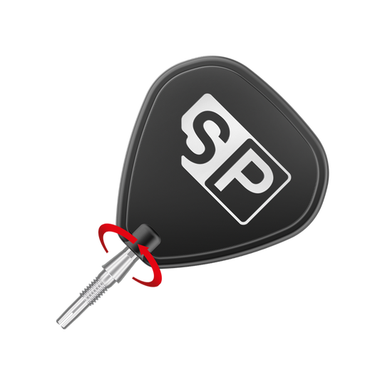 Target Swiss Storm Onyx Point Dart Tips - Silver Das Bild zeigt eine silberne Dartspitze des Produkts "Target Swiss Storm Onyx Point". Die Dartspitze ist an einem schwarzen Dartflügel mit der Aufschrift "SP" befestigt.