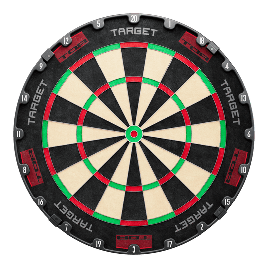 Target TOR Steel Dartboard Das Bild zeigt eine Steeldart-Scheibe mit dem Namen "Target TOR". Die Scheibe hat schwarze, weiße, grüne und rote Segmente und trägt die Aufschrift "TARGET TOR" am Rand.
