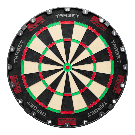 Target TOR Steel Dartboard Target TOR Steeldartboard ist als rundes Dartboard klar abgebildet. Die Segmente und Zahlen sind sichtbar.