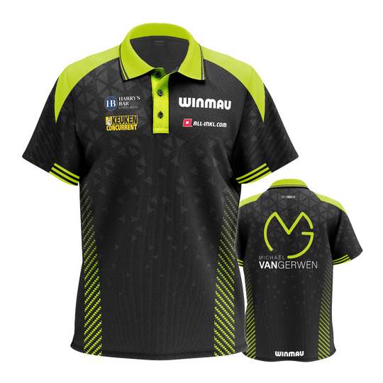 Winmau Michael Van Gerwen Stage polo shirt Auf dem Bild ist das Winmau Michael Van Gerwen Stage Poloshirt zu sehen. Dieses Poloshirt ist für Dart-Fans gestaltet.