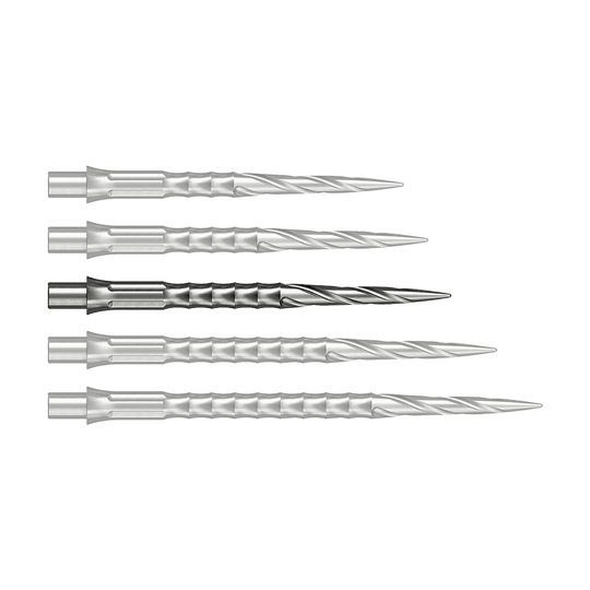 Caliburn System steel dart tips - Spiro - NoLip - silver Zu sehen ist vermutlich eine Steeldartspitze in Silber, 32 mm lang. Das Produkt ist eine Spiro NoLip Spitze vom Caliburn Evo System.