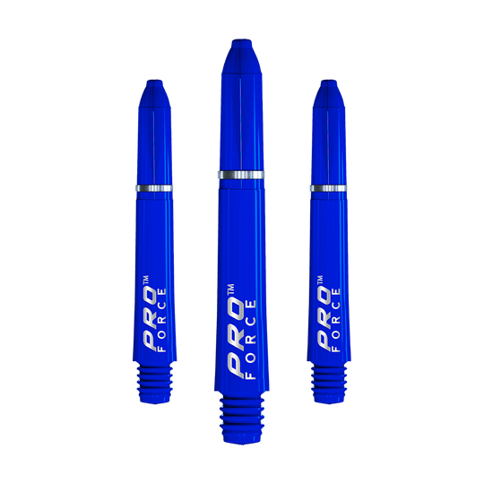 Das Bild zeigt drei blaue Winmau Pro-Force Shafts für Dartpfeile. Auf jedem Shaft steht in weißer Schrift "PRO FORCE".