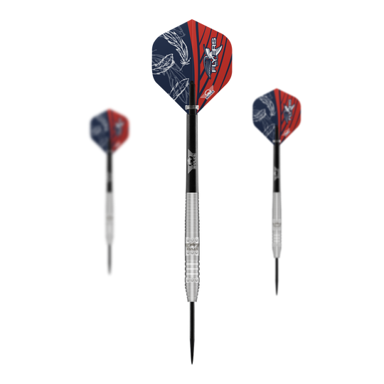 Bulls NL Richard Veenstra 80 steel darts - 23g Das Bild zeigt drei Steeldarts des Modells "Bulls NL Richard Veenstra 80" mit 23g Gewicht. Die Flights sind rot-blau gestaltet und auf dem mittleren Dart ist das Logo gut zu erkennen.