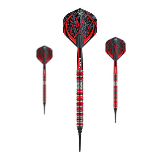Winmau Diablo Parallel Soft Darts - 20g Das Bild zeigt drei Winmau Diablo Parallel Softdarts mit einem Gewicht von 20 Gramm. Die Darts haben ein auffälliges rot-schwarzes Design mit silbernen Akzenten und Muster auf den Flights.