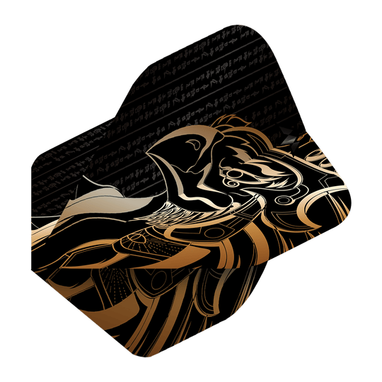 Mission Solo Horus No2 Standard Flights Das Bild zeigt das Produkt "Mission Solo Horus No2 Standard Flights". Das Design ist schwarz-gold mit einem stilisierten Horus-Motiv und ägyptischen Schriftzeichen.