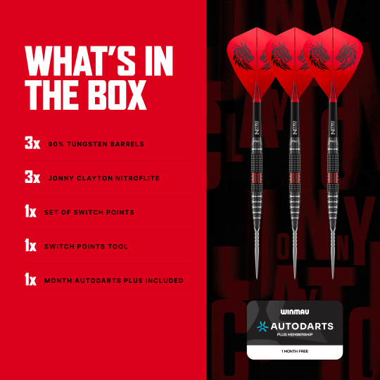 Red Dragon Jonny Clayton RD-PRO Switch Point Steel Darts Die Aufnahme zeigt Red Dragon Jonny Clayton RD-PRO Switch Point Steeldarts aus einer anderen Perspektive. Die feine Struktur und Form der Darts ist erkennbar.
