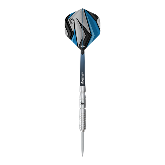 Bulls Stone S3 Steeldarts Das Bild zeigt einen Bulls Stone S3 Steeldart. Der Dart hat ein silbernes Barrel und ein Flight mit blau-schwarzem Muster.