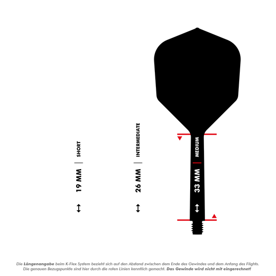 Target K-Flex No6 Flight System - Black Das Bild zeigt drei verschiedene Längen von Dart-Schäften: 19 mm (kurz), 26 mm (mittel) und 33 mm (lang). Die Längenangaben beziehen sich auf den Abstand zwischen dem Ende des Gewindes und dem Anfang des Flights.