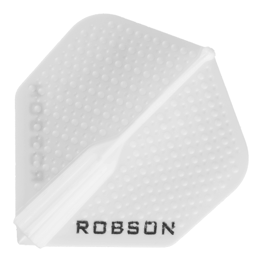 Robson Plus Dimple Flights - Weiß Das Bild zeigt einen weißen Robson Plus Dimple Flight für Dartpfeile. Auf dem Flight ist die Marke "ROBSON" in schwarzen Buchstaben zu sehen.