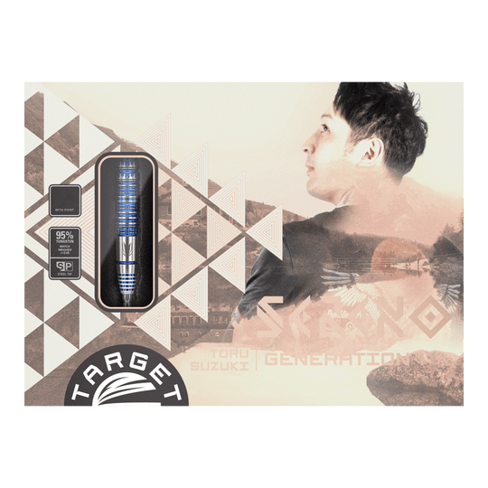 Target Japan Toru Suzuki Sereno GEN1 Swiss Point Steeldarts - 21g Die Verpackung zeigt die Steeldarts "Target Japan Toru Suzuki Sereno GEN1 Swiss Point" mit einem Gewicht von 21g. Auf der rechten Seite ist eine Porträtaufnahme eines Mannes abgebildet.