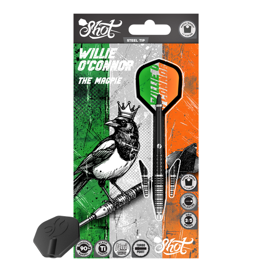 Shot Pro Series Willie O'Connor Magpie Turbo Point Steeldarts Shot Pro Series Willie O'Connor Magpie Turbo Point Steeldarts bestehen aus filigran gearbeiteten Dartpfeilen. Sie werden fächerförmig angeordnet gezeigt.