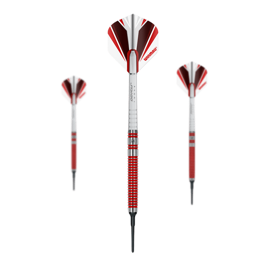 Winmau Overdrive Softdarts - 20g Das Bild zeigt drei Winmau Overdrive Softdarts mit einem Gewicht von 20g. Die Darts haben rote und silberne Details sowie eine rot-weiße Flights.