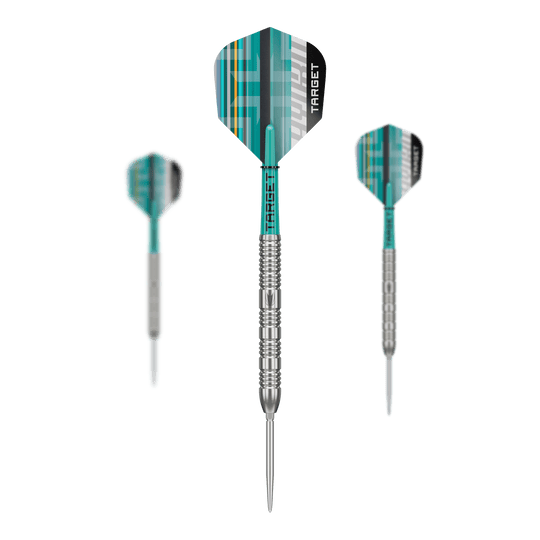 Target Hydro 02 Swiss Point steel darts Das Foto zeigt ein Set der Target Hydro 02 Swiss Point Steeldarts. Die verschiedenen Teile des Sets sind gut erkennbar.