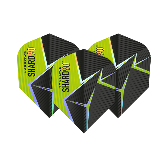 Harrows Prime Shard No6 Flights Das Bild zeigt drei Harrows Prime Shard No6 Flights für Darts. Die Flights haben ein schwarz-gelbes Design mit futuristischen Linien und dem Aufdruck "SHARD 90".