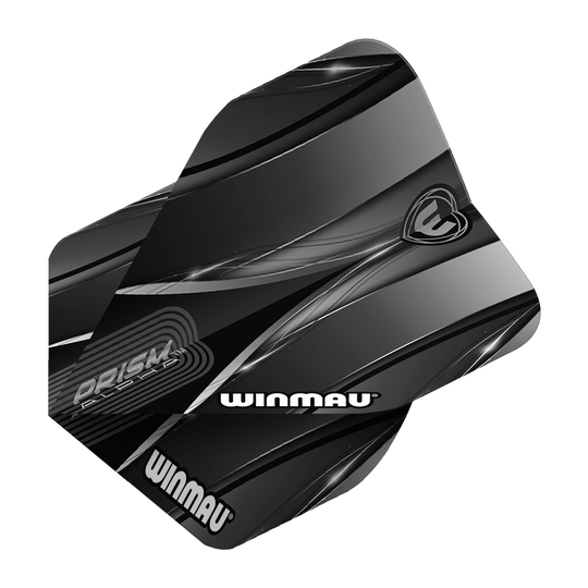 Das Bild zeigt das Produkt "Winmau Alpha Sniper Black Standard Flights". Die Flights sind schwarz mit silbernen und grauen Designelementen und tragen das Winmau-Logo.