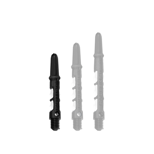 Das Bild zeigt drei Harrows Carbon ST Shafts in Weiß, die nebeneinander stehen. Die Shafts sind unterschiedlich lang und haben ein modernes Design mit schwarzem und weißem Farbanteil.