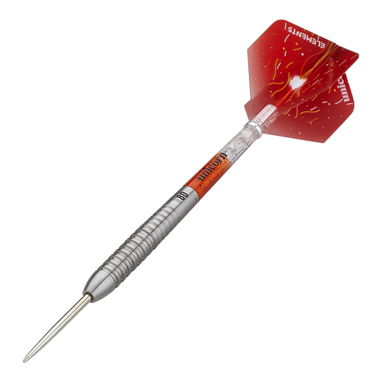 Unicorn Core XL Striker Style 5 steel darts Das Bild zeigt einen Unicorn Core XL Striker Style 5 Steeldart. Der Dartpfeil hat einen silbernen Schaft und rote Flights mit gelben Mustern.